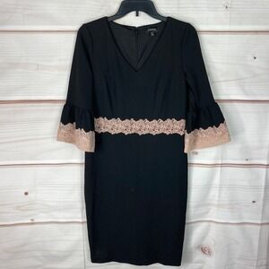 Chaya Dress Womens 8P Petite Black Sheath Bell Sleeve V-Neck Lace Trim Stretch